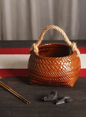 陶瓷仿竹炭钵手提炭篮子核桃炭篮提梁功夫橄榄碳乌榄碳炉木炭碳盆