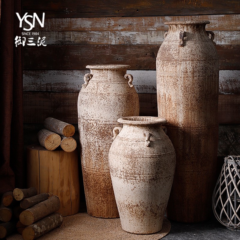 景德镇手工复古粗陶罐仿古出土干花艺插花瓶多肉植物花盆禅意民宿