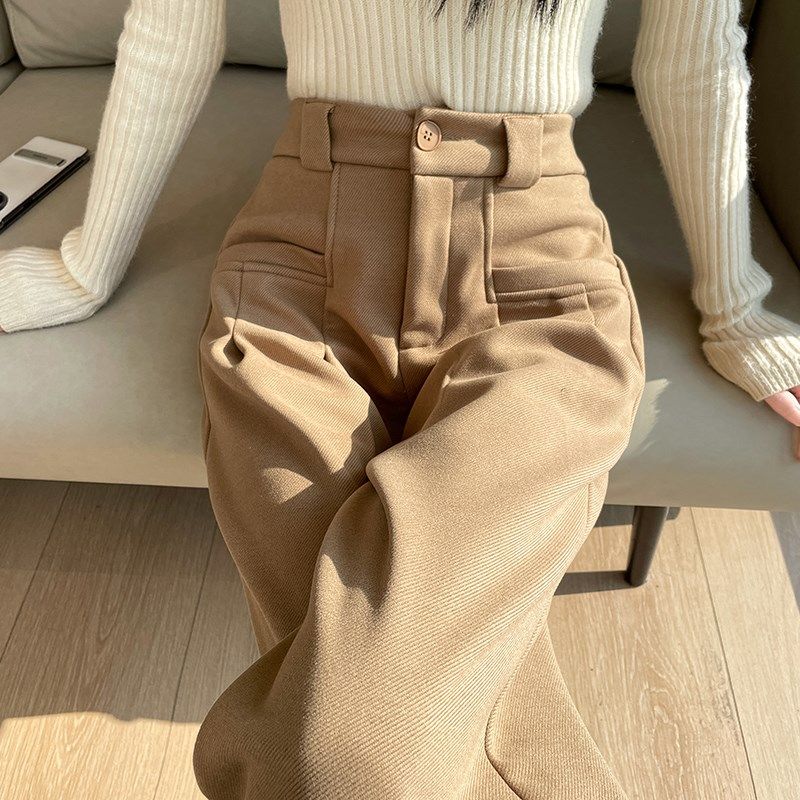 卡其色加绒毛呢阔腿裤女秋冬新款高腰直筒小个子加厚休闲西装裤子