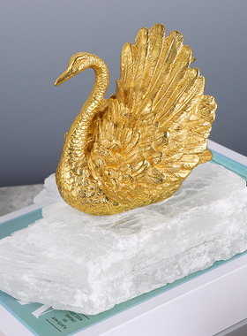 新中式客厅玄关酒柜天然水晶石玛瑙黄铜天鹅家居摆件轻奢华装饰品