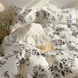 街角花摊浪漫唯美大花边纯棉四件套干净黑白花中古风1.8m床笠款