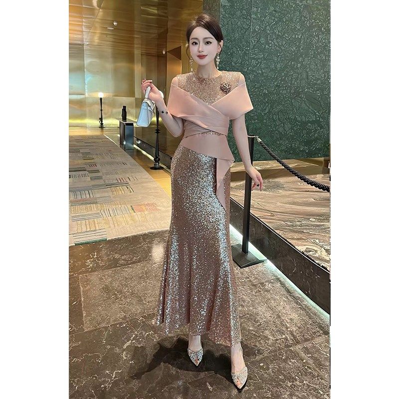 2024早秋新款时尚高级感亮片拼接缎面披肩优雅婚礼宴会礼服连衣裙,女装/女士精品,礼服/晚装,淘宝优惠券,粉丝福利购,淘宝优惠卷