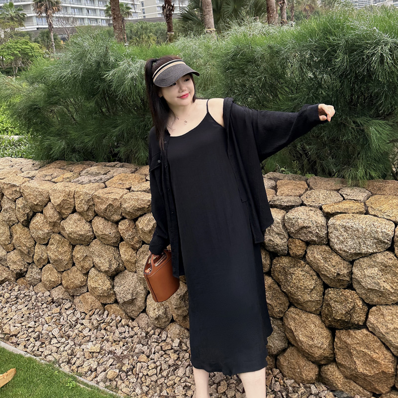 大码套装女薄款雪纺凉快胖mm衬衫+吊带裙200斤宽松夏季度假两件套