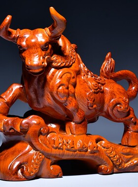 花梨木雕刻牛摆件店铺运势如虹十二生肖木牛办公桌面装饰开业送礼