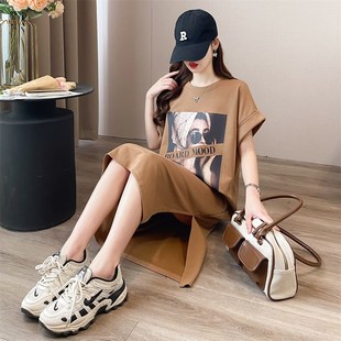 长款 孕妇夏装 上衣夏季 大码 过膝遮肚宽松懒人开叉t恤连衣裙子 短袖