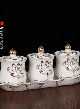 佛具莲花供佛杯大悲水佛堂陶瓷圣水杯佛前净水杯佛法僧三套杯