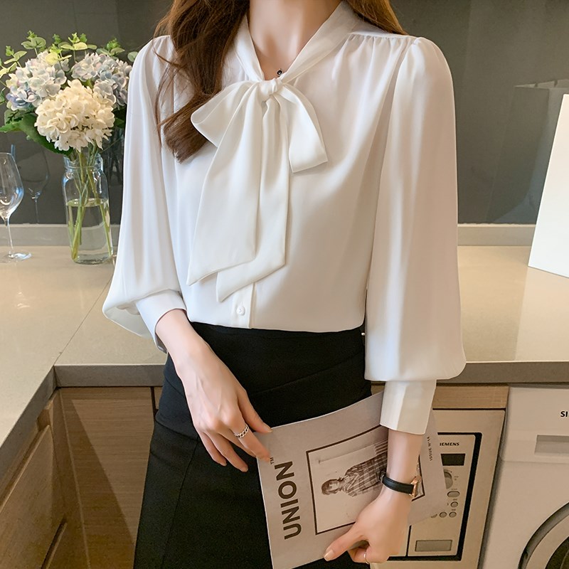 白色蝴蝶结衬衫女秋冬2024新款加绒加厚打底职业上衣长袖雪纺衬衣