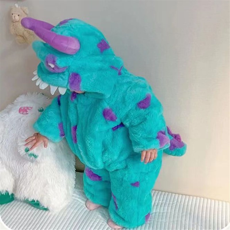 婴儿连体衣冬季加厚毛怪加绒棉服宝宝衣服小怪兽冬装可爱超萌外出