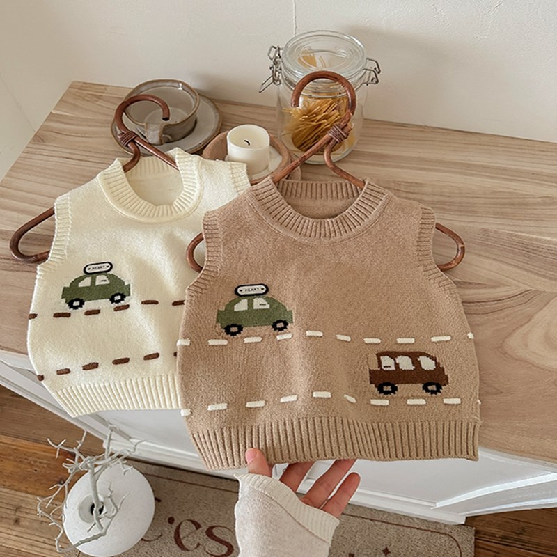 2024新款儿童马甲春秋毛衣婴儿针织男童外穿背心宝宝卡通小汽车