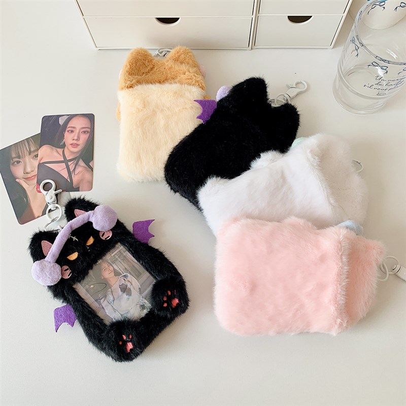 追星女孩卡通耳机小猫三寸毛绒卡套学生书包钥匙扣挂件卡包咕卡套
