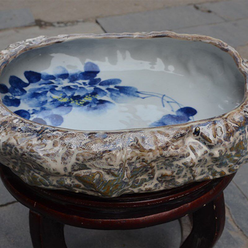 包邮景德镇陶瓷鱼缸创意古典仿石乌龟缸手绘荷花水培水仙碗莲花盆