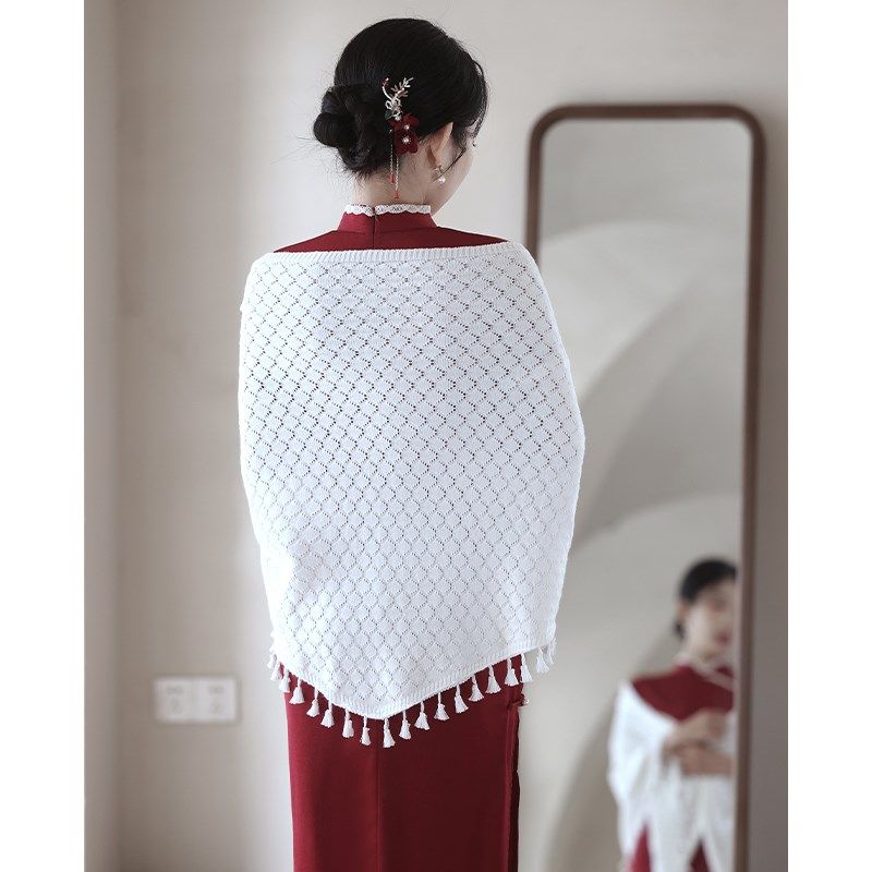 薄款复古白色旗袍披肩女外搭2024新款春夏季新娘结婚订婚外套开衫