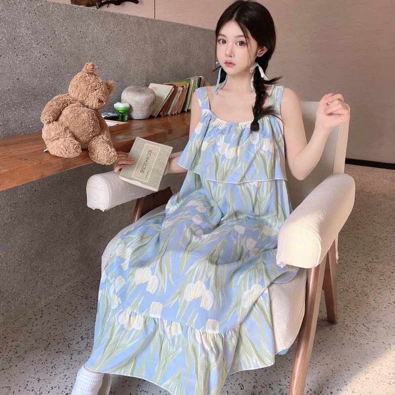 棉绸防凸点薄款连衣裙甜美防走光吊带睡裙大码宽松学生绵绸睡衣女