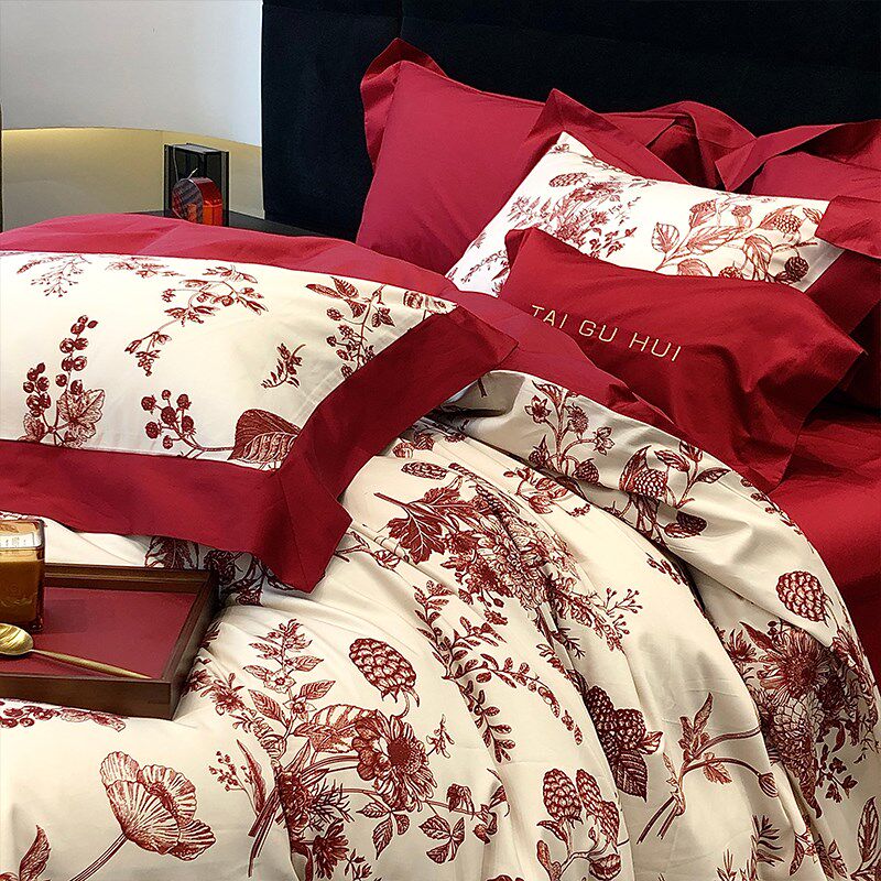 浪漫封存红色婚庆全棉四件套100s长绒棉结婚被套床单纯棉嫁娶床品
