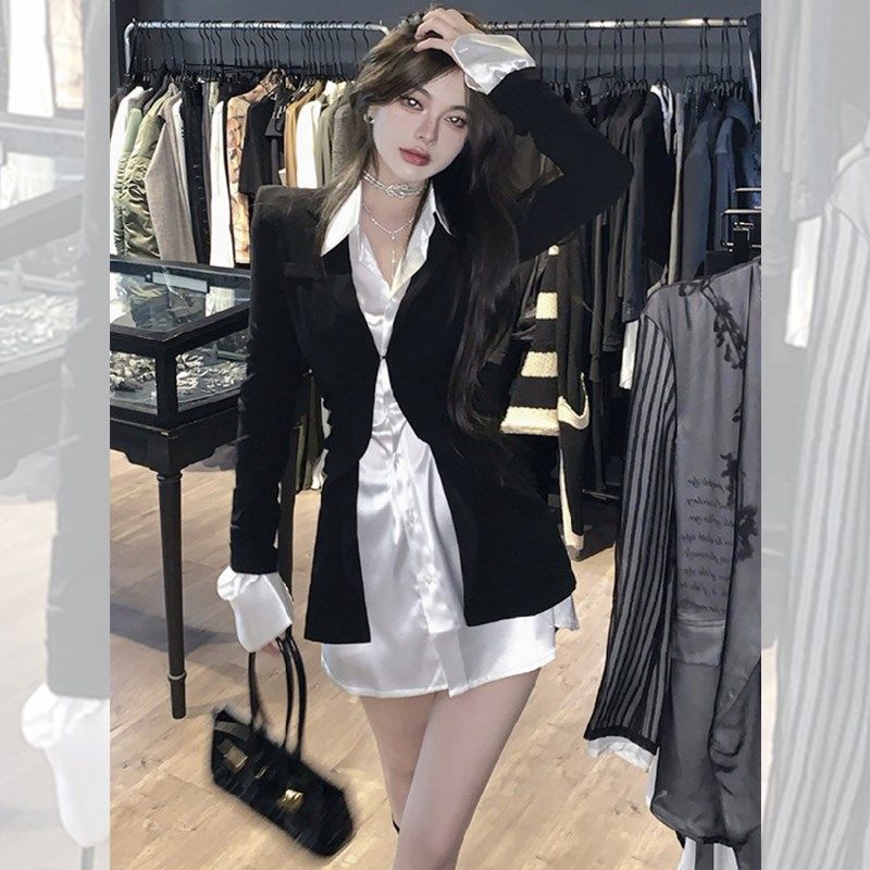 小个子收腰抽褶翻领西装连衣裙女秋季新款气质衬衫裙短裙子套装女