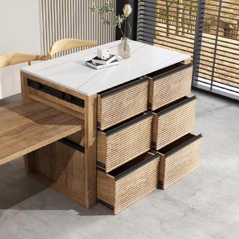 厨房岛台实木岩板餐边柜开放式吧台餐桌伸缩一体中岛台储物茶水柜