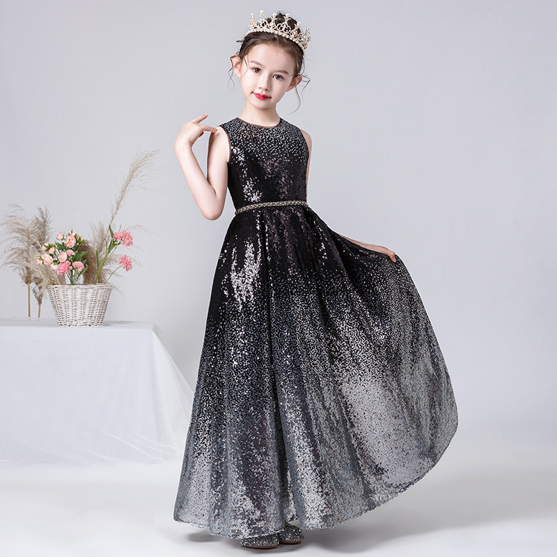 儿童演出服女童高端礼服气质走秀小主持人黑色亮片长裙大童晚礼服