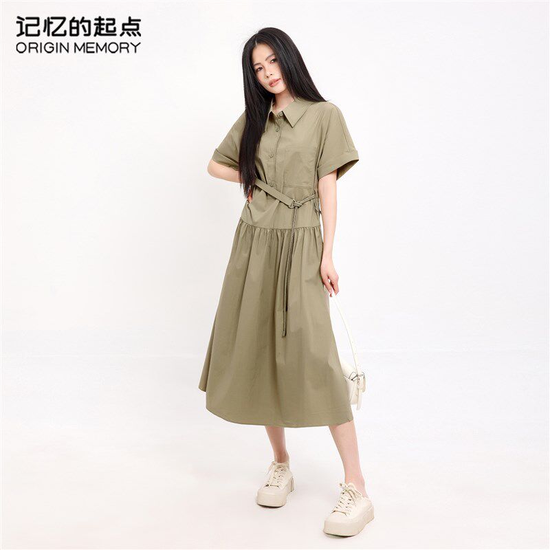 记忆的起点连衣裙女2024夏季新款宽松收腰翻领衬衫裙子68AX85757