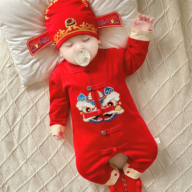 新生婴儿衣服秋冬连身衣红色满月百日宴抓周礼服男女百天宝宝唐装