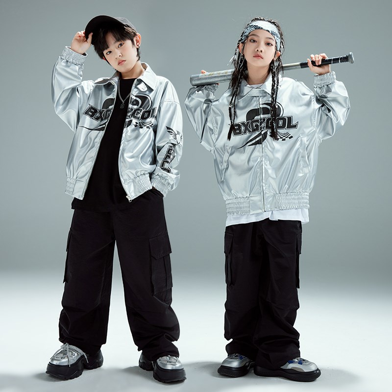 少儿街舞元旦演出服男女童hiphop嘻哈爵士银色皮衣外套亮面架子鼓