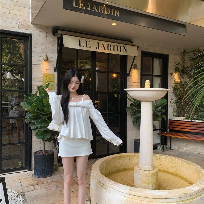 YYW汪澜的妹妹  千金下午茶 白色蝴蝶结露肩衬衫上衣半身裙套装女,女装/女士精品,时尚套装,淘宝优惠券,粉丝福利购,淘宝优惠卷