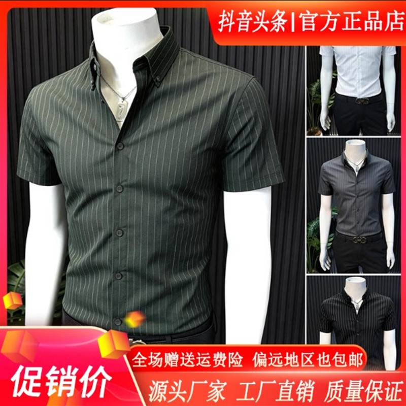 师凯服饰Amphelisia条纹尖领扣领衬衫26商务夏季修身短袖男士衬衣