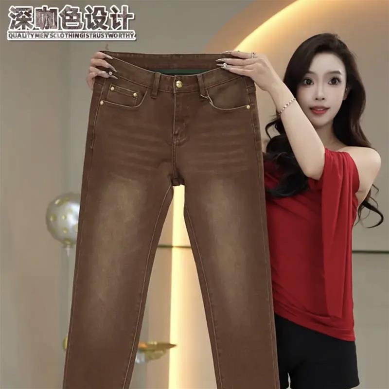 经络服饰k秋季深咖色男士修身欧版潮G流轻奢牛仔长裤子青春活穿搭