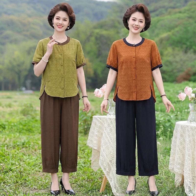 臻稀优品3新中式夏季中老年妈妈装国风宽松气质减龄短袖薄款套装