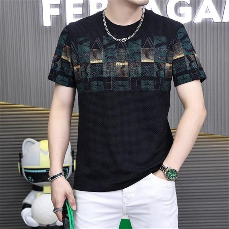 高端薄款冰丝短袖T恤男新款夏季时尚印花潮流百搭休闲男士半袖帅