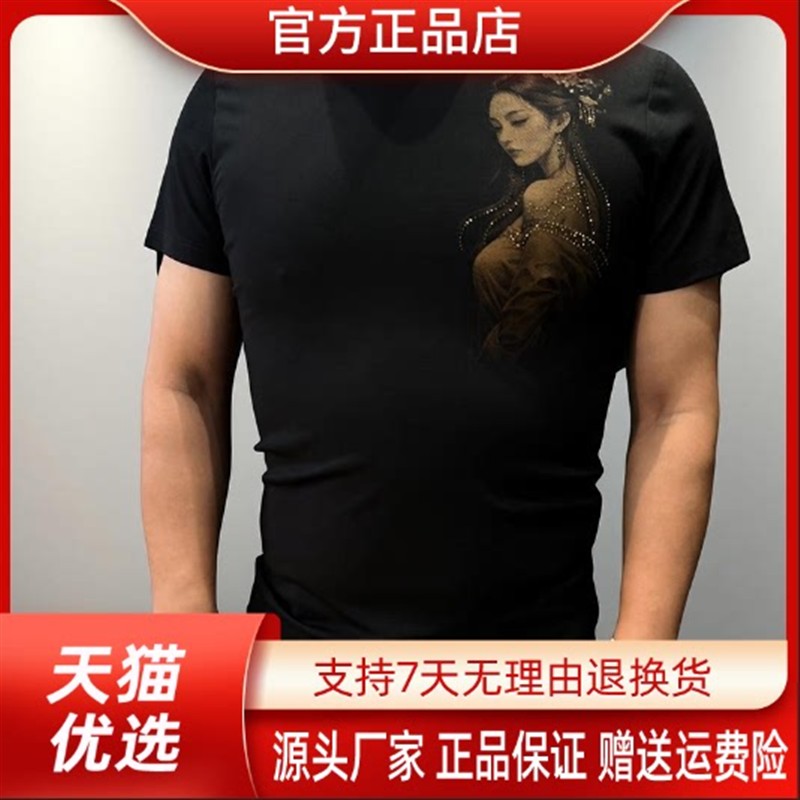 锋界服饰双面美女新款烫钻印花百搭男士时尚休闲夏季圆领短袖T恤