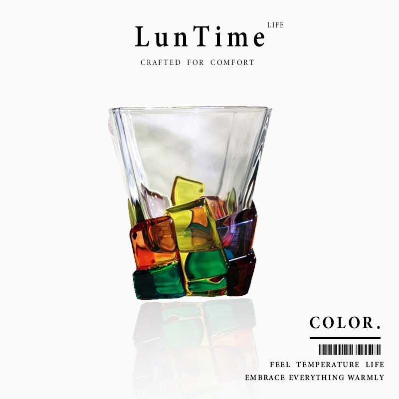 LunTime生活 玻璃杯北欧时尚威士忌杯果汁饮料杯酒杯手绘中古杯子