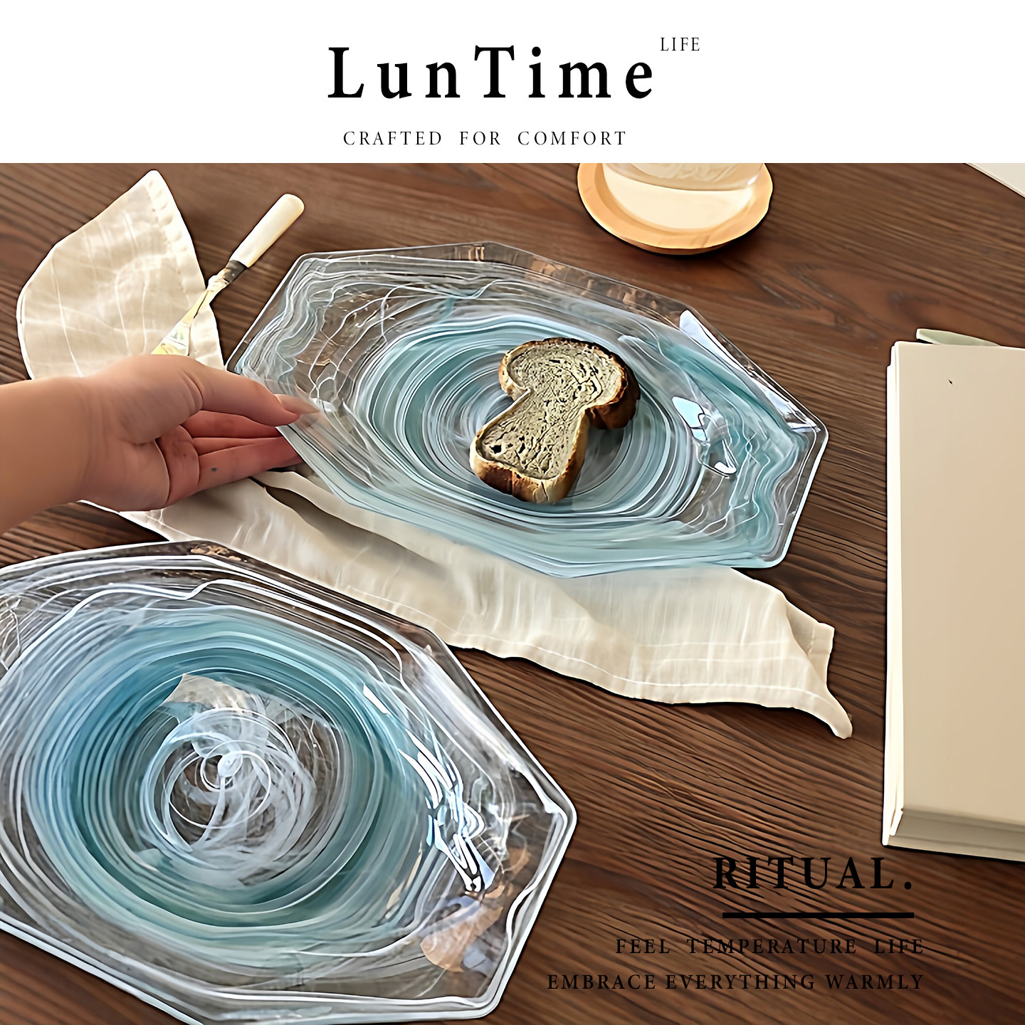 LunTime生活 简约八角透明玻璃漂亮水果盘家用鱼盘托盘现代干果盘