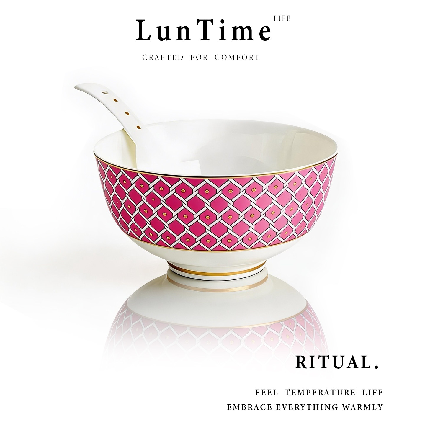 LunTime生活 骨瓷汤碗家用粉色几何面碗金边精致汤碗高级餐具碗