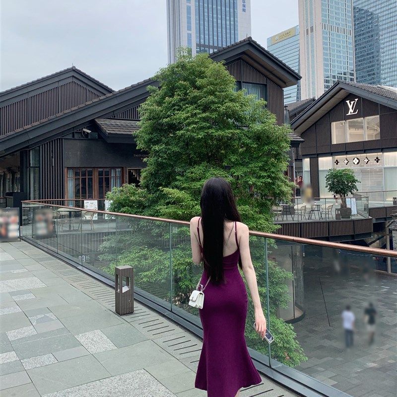紫色海边沙滩裙度假风气质包臀显秀禾服