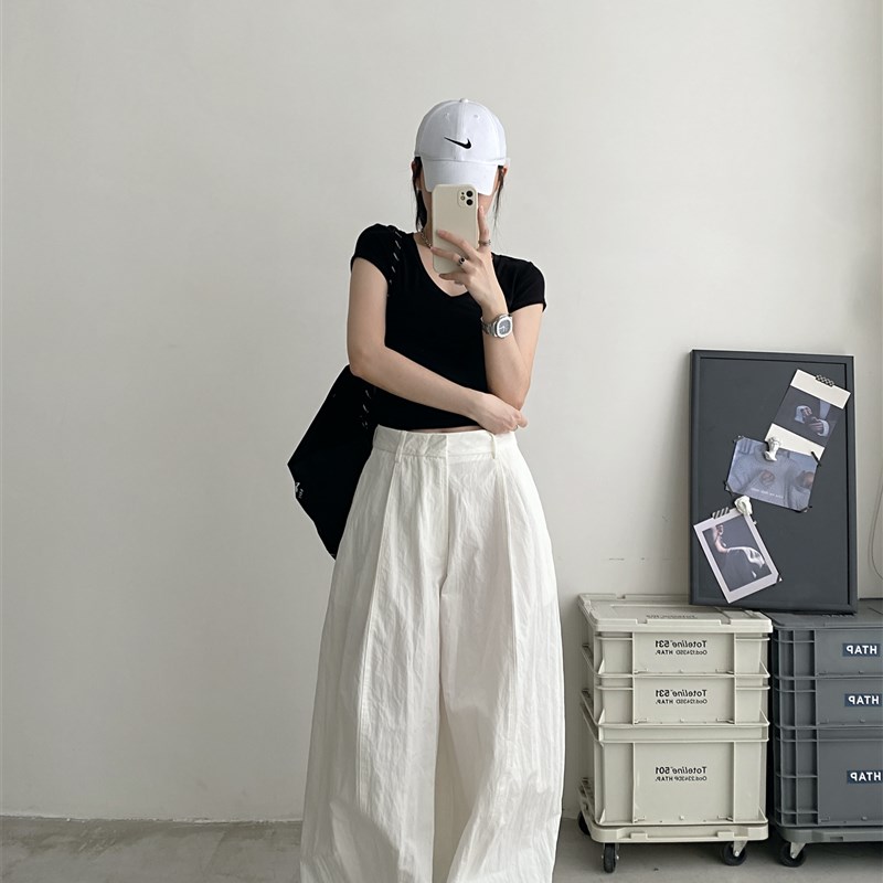sun柚 春秋白色休闲裤子皱感尼龙棉挺括有型立体廓形阔腿裤杨桃裤