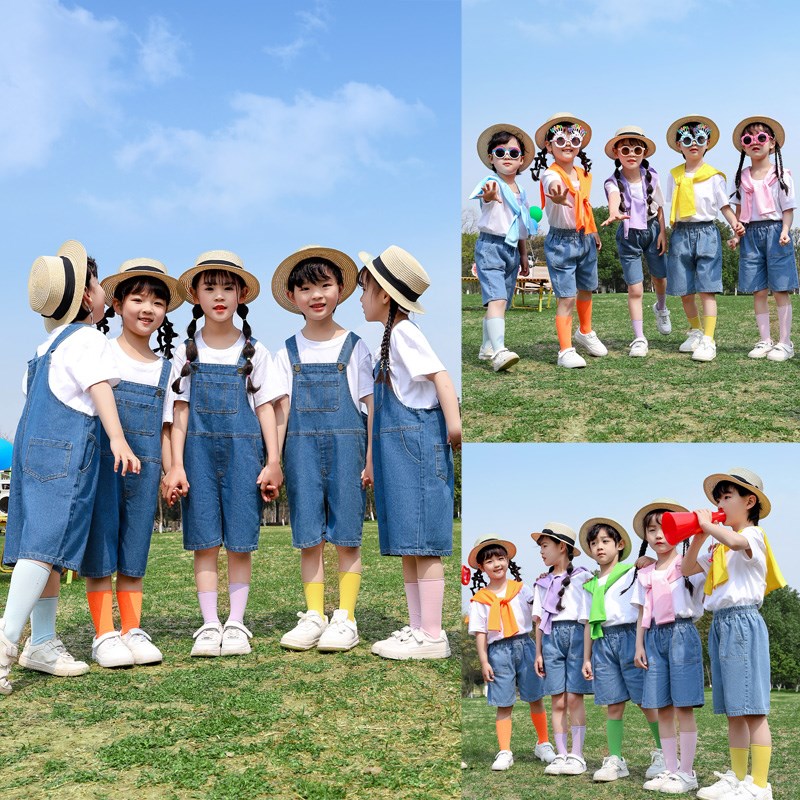 六一演出服幼儿园毕业班男女童牛仔背带裤小学生孩子的天空表演服