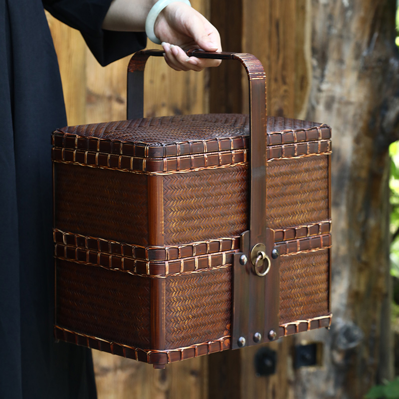 手工竹编复古双层手提盒食盒送餐篮礼盒茶具收纳筐野餐篮旅行可携