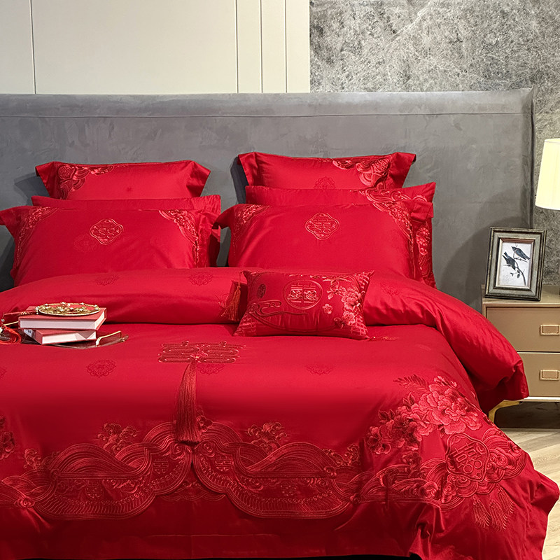 陪嫁婚庆牀上四件套全棉纯棉粉大红色绣花中式喜庆被套牀单式高端