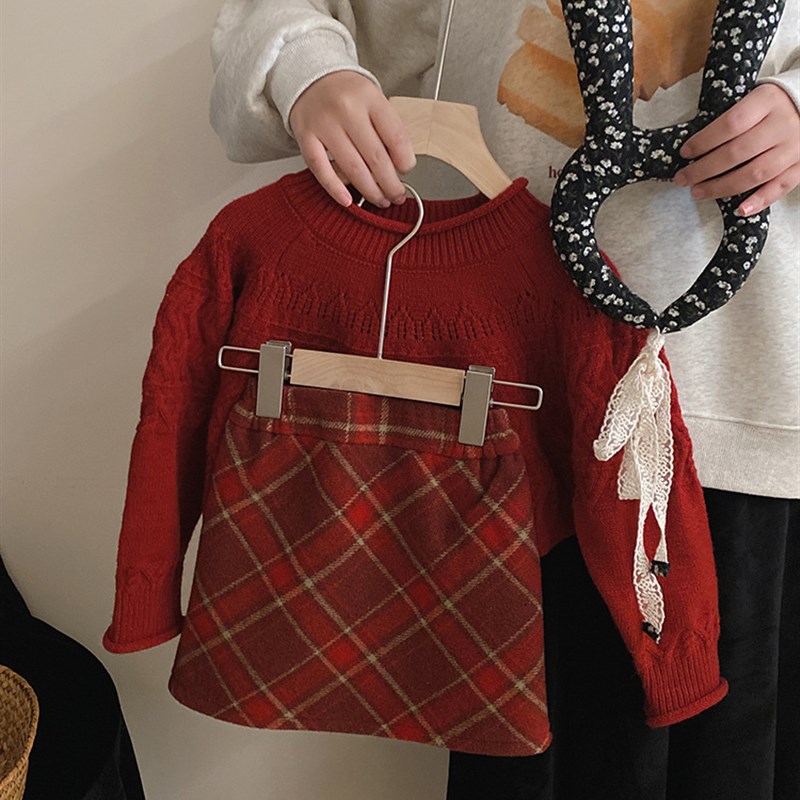 女童洋气百搭红格A字裙新年装过年服短裙呢料裙洋气半身裙女宝裙