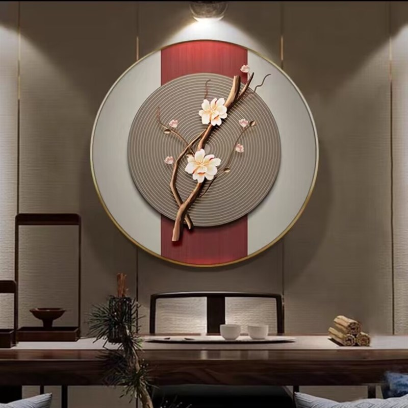 梅花入户玄关装饰画古风茶楼包厢墙面艺术壁画新中式圆形餐厅挂画图片