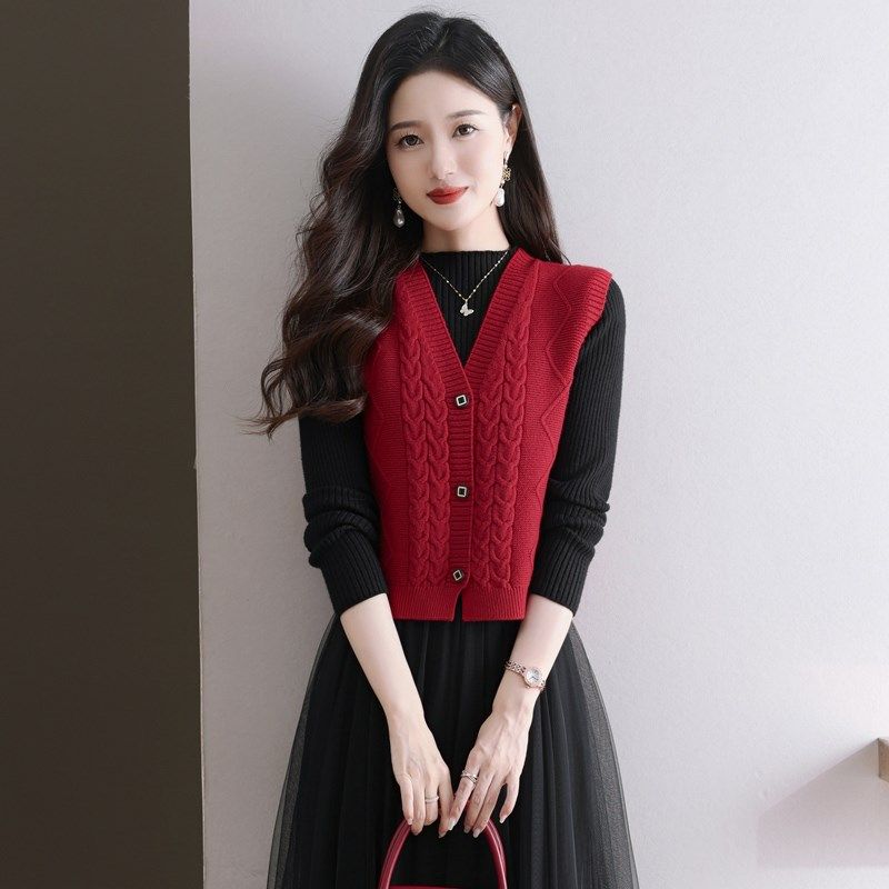 针织小马甲女外搭背心2024新款秋季毛线叠穿马夹配裙子毛衣两件套