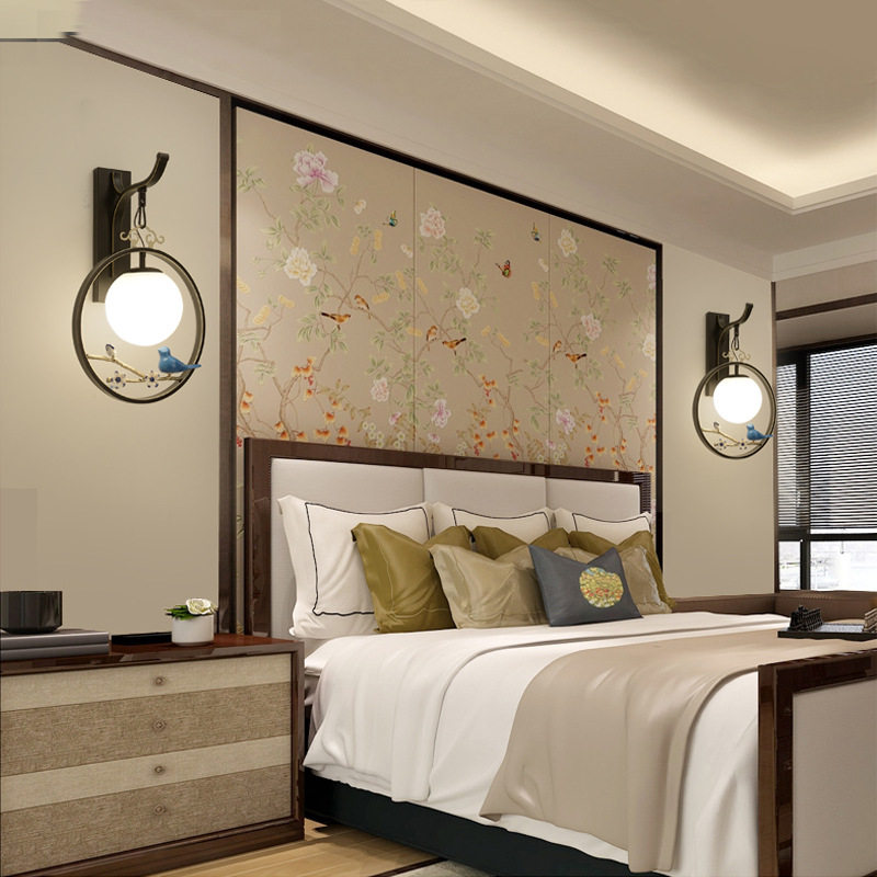 新中式禅意小鸟壁灯圆形灯罩创意过道壁灯客厅背景墙灯卧室床头灯,家装灯饰光源,壁灯,淘宝优惠券,粉丝福利购,淘宝优惠卷