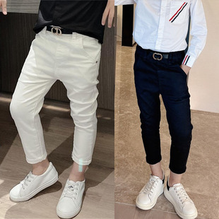男童黑色破洞白色牛仔裤儿童弹力修身春秋款2023新款宝宝小脚裤子