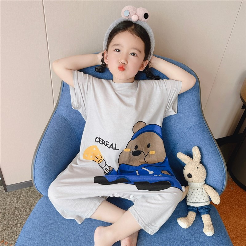 夏季女童睡衣纯棉短袖家居服男童卡通睡袋一片式按扣款连体衣儿童