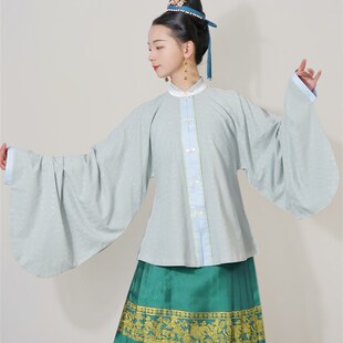 福鹿记[五福]竖领琵琶袖立领短衫明制汉服暗纹提花棉蜜合蓝绿米黄