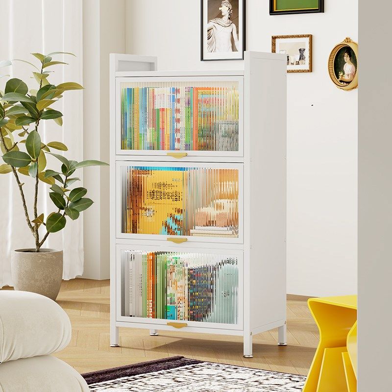 家用钢制儿童书架多层落地置物架客厅绘本上翻门防尘书柜储物架