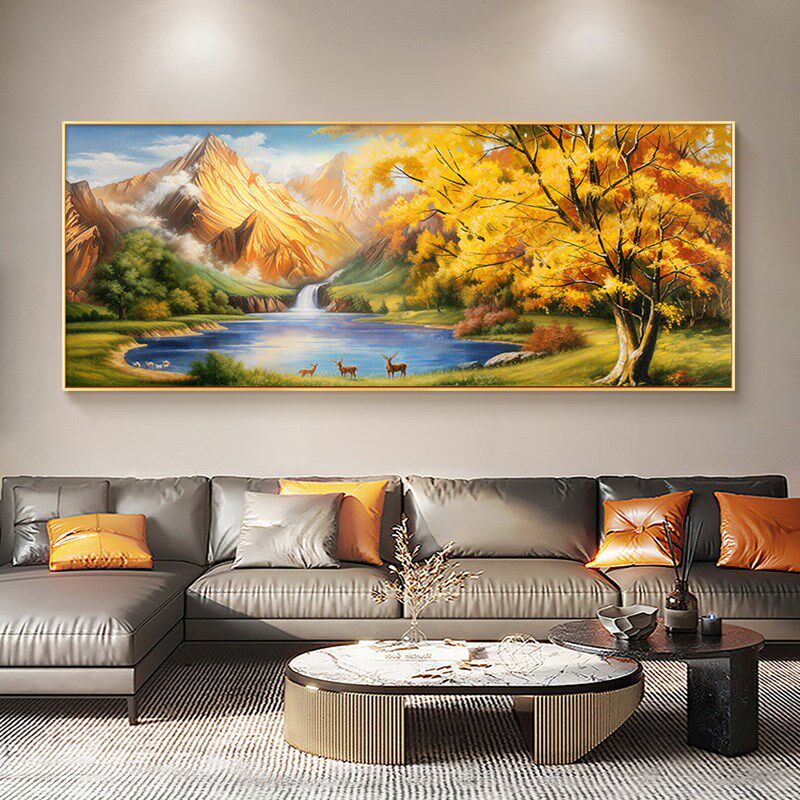 聚宝盆客厅沙发背景墙装饰画纯手绘油画西墙聚财挂画山水风景壁画