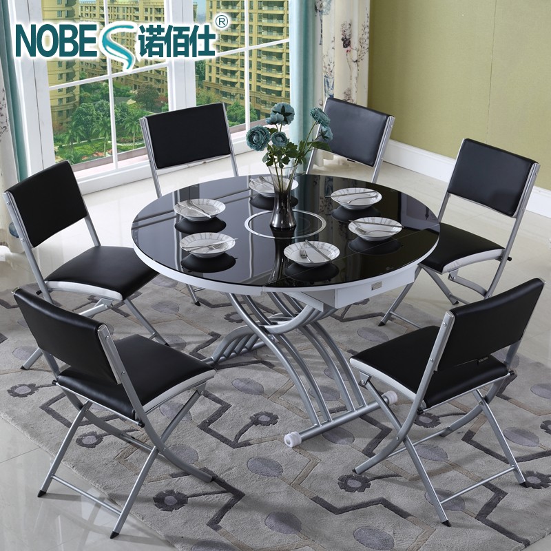 小户型电动升降茶几餐桌火锅两用折叠圆饭桌带电磁炉钢化玻璃家用