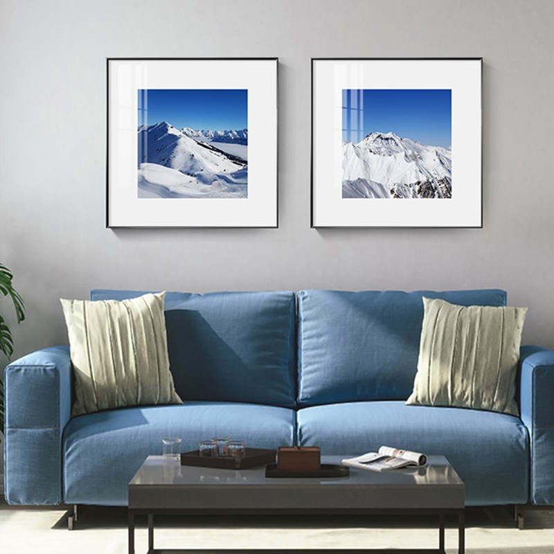 方形留白画大雪山脉风景蓝天白云客厅装饰画餐厅卧室床头挂画书房图片
