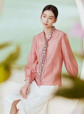 花木深立领白色衬衫女新款肌理感提花长袖上衣丝巾新中式休闲衬衣